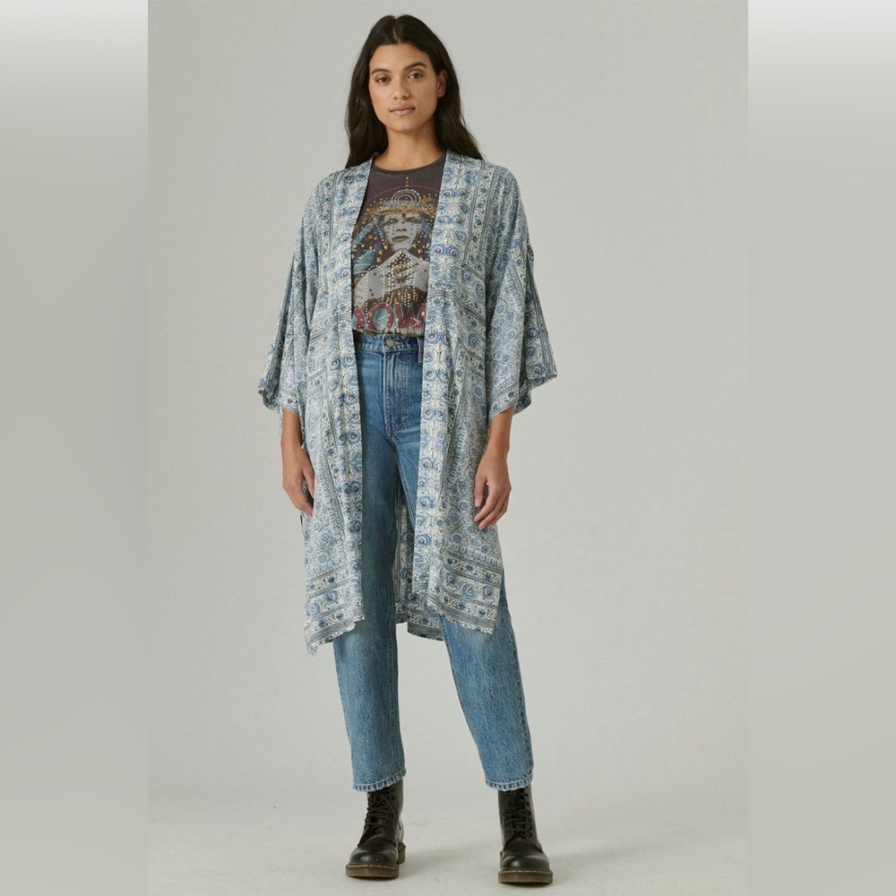 Lucky Brand Boho Bandana Print Maxi Kimono, Blue Multi, One Size